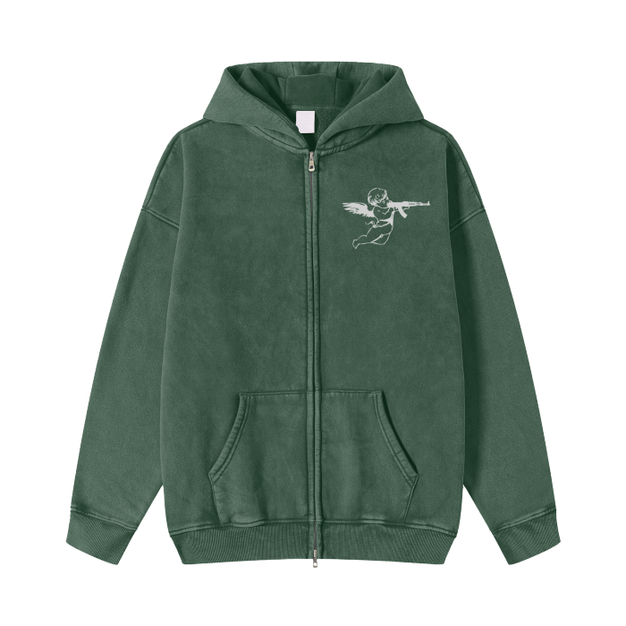 Streetwear Acid Washed Zip Fleece  Hoodie Jacket - 360 GMS