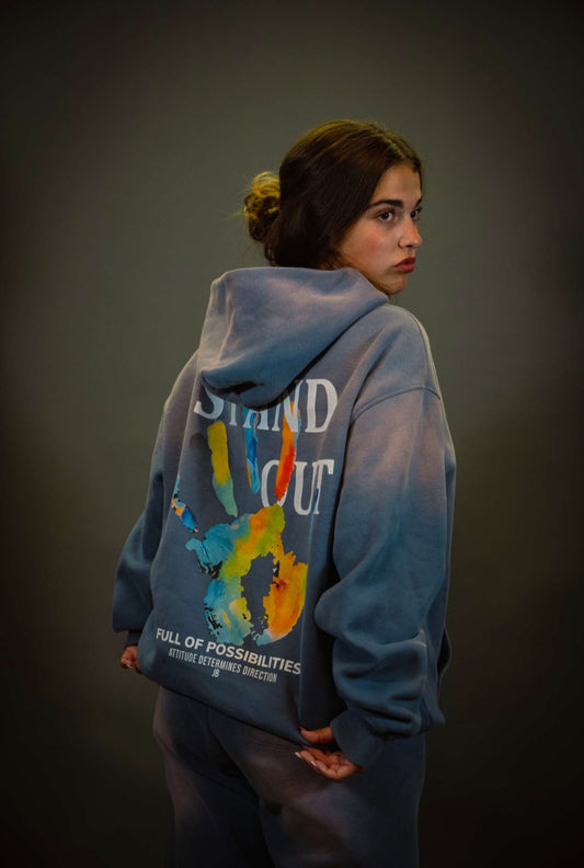 (Denim Blue)Streetwear Unisex Monkey Washed Dyed Fleece Hoodie