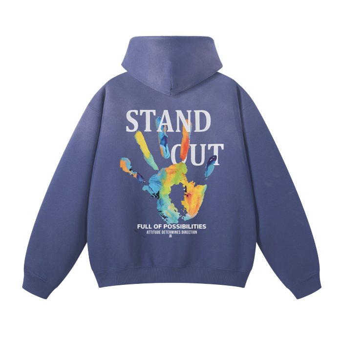 (Denim Blue)Streetwear Unisex Monkey Washed Dyed Fleece Hoodie