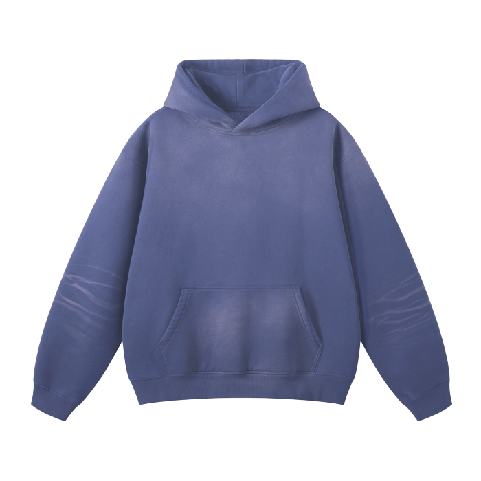 (Denim Blue)Streetwear Unisex Monkey Washed Dyed Fleece Hoodie