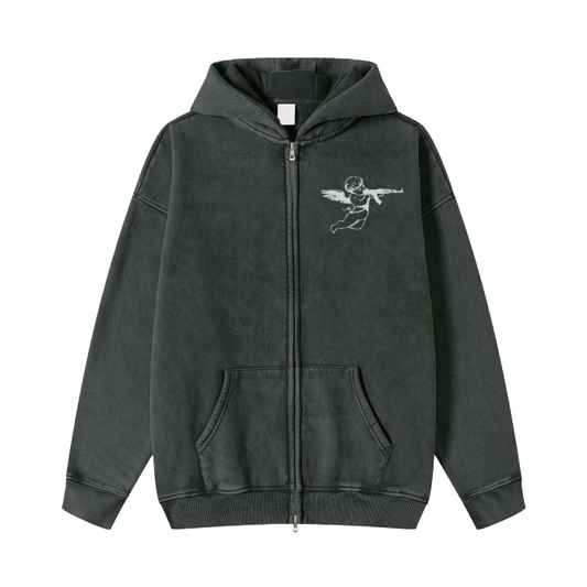 Streetwear Acid Washed Zip Fleece  Hoodie Jacket - 360 GMS