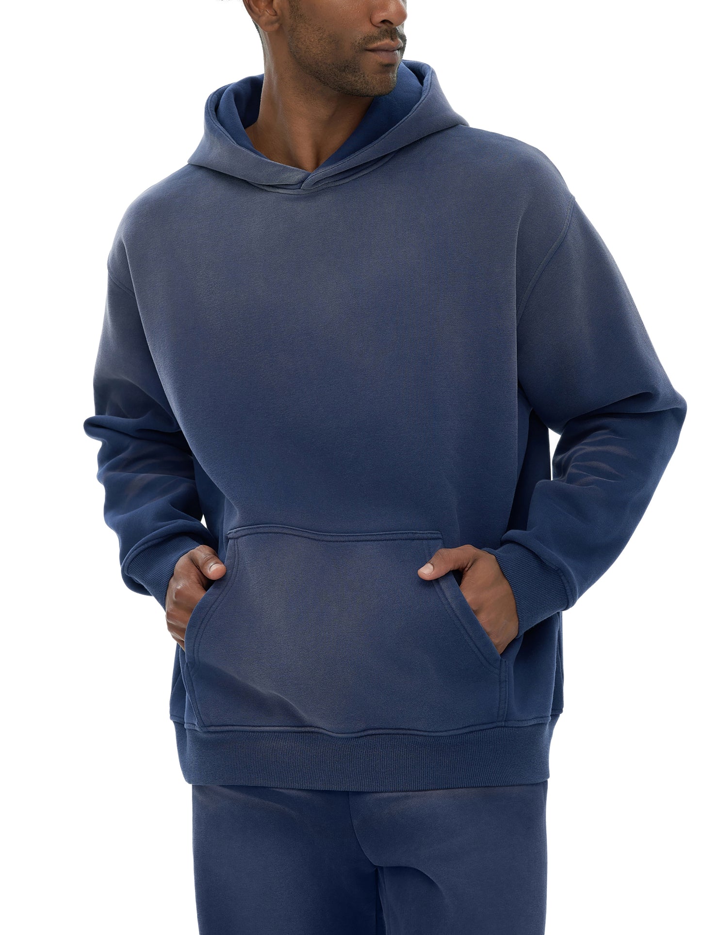 (Denim Blue)Streetwear Unisex Monkey Washed Dyed Fleece Hoodie