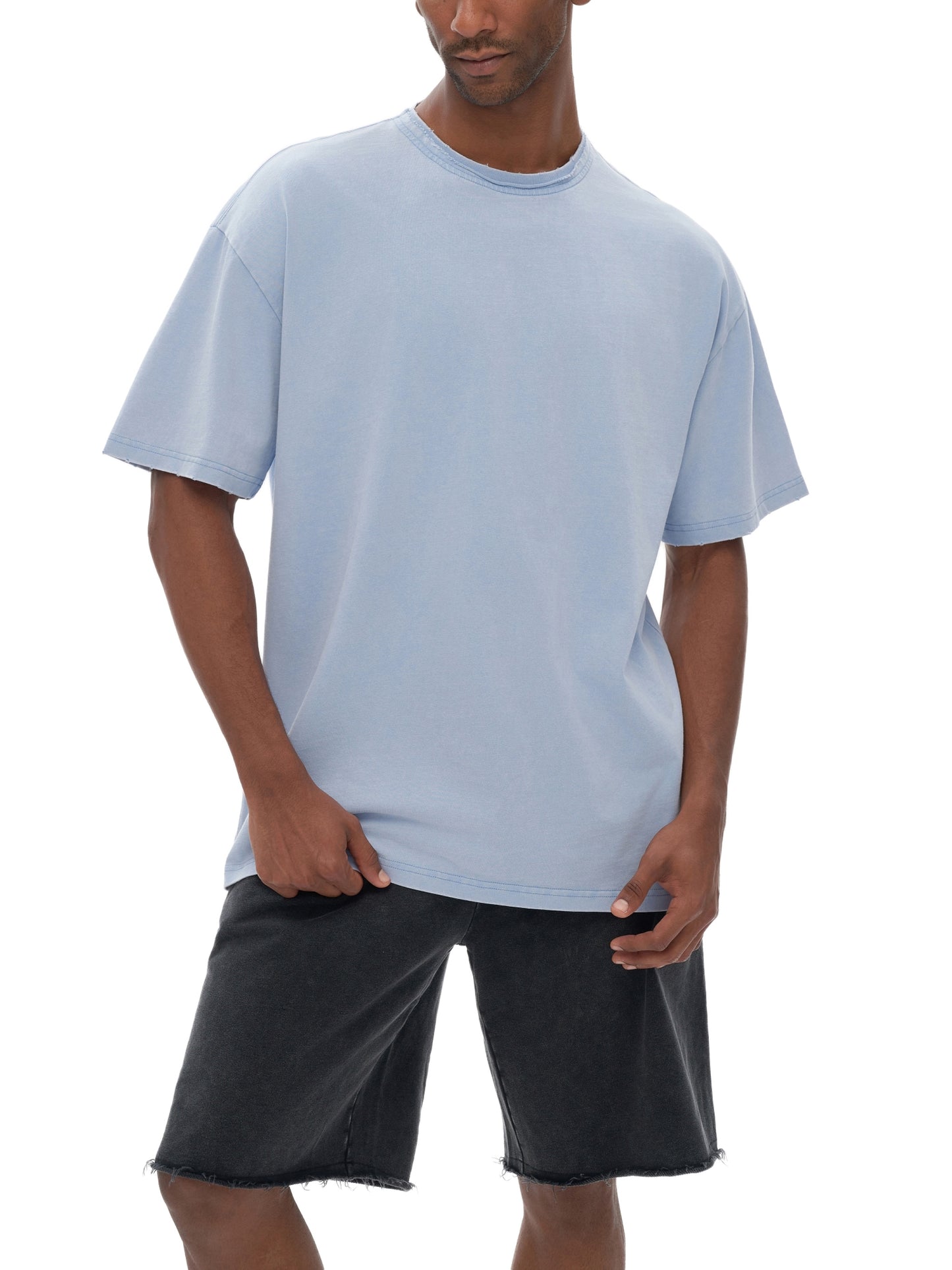 Double Neckline Scattered Edge Frayed Vintage Washed T-Shirt - 250 GSM